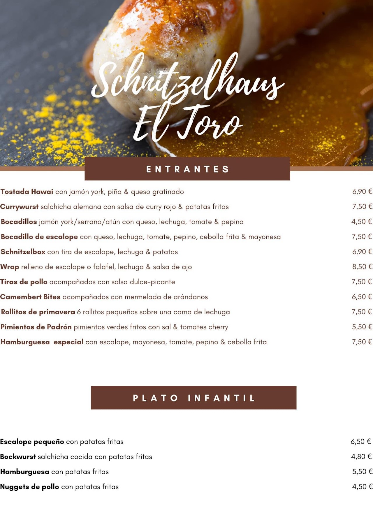 Carta de Entrantes y Platos Infantiles en español