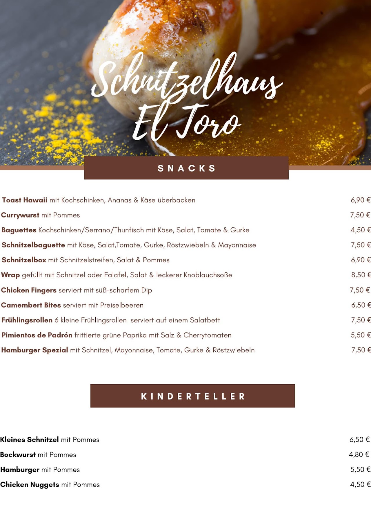 Snacks and Kids Plate Menu in English